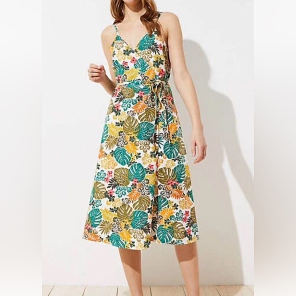 LOFT Tropical Floral Midi Dress in Yellow, Green, Teal